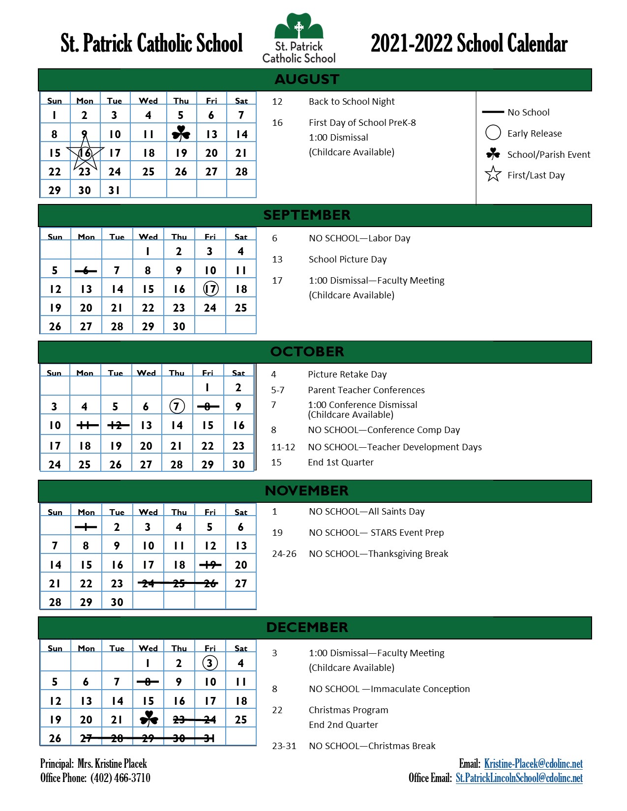 Calendar St Patrick's Catholic School