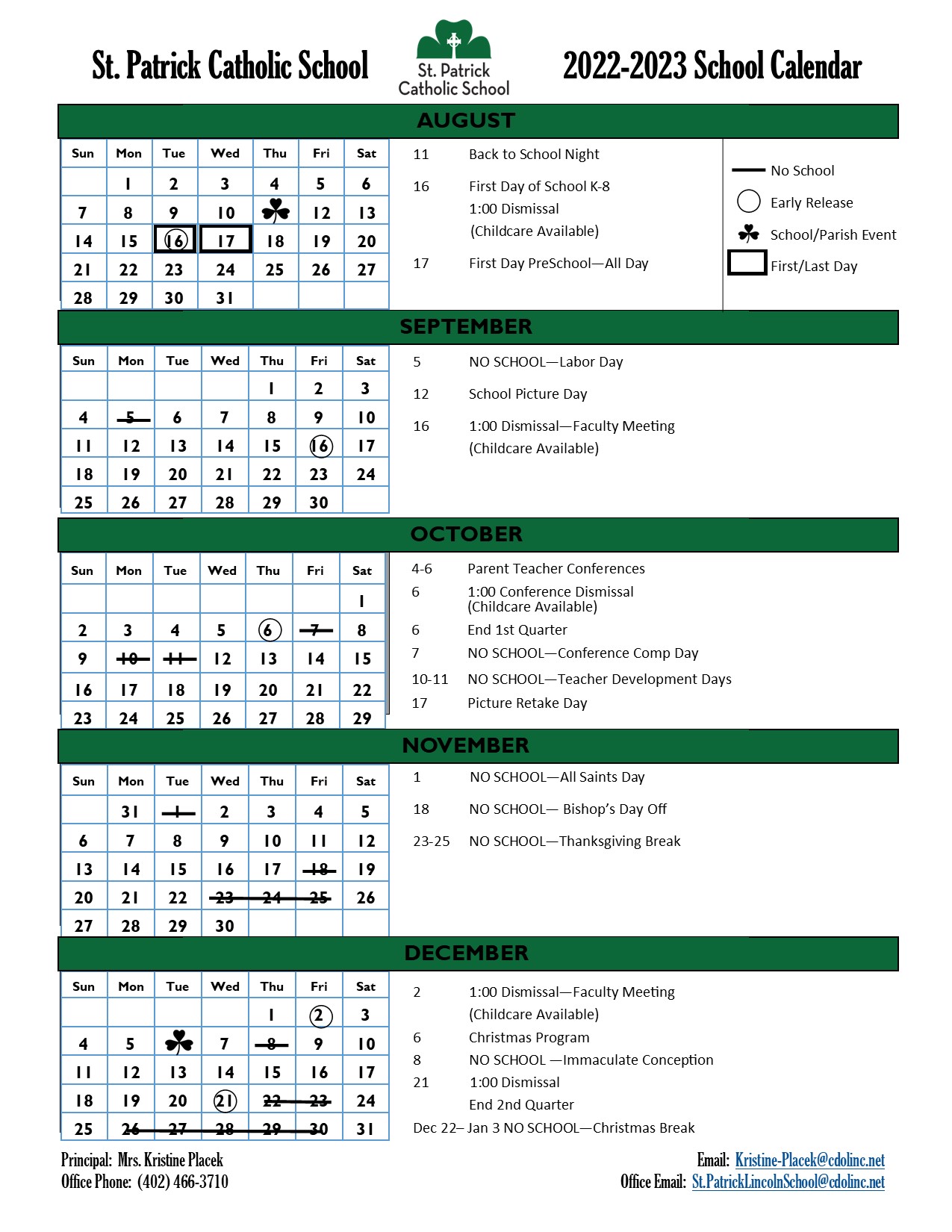 Calendar St Patrick's Catholic School